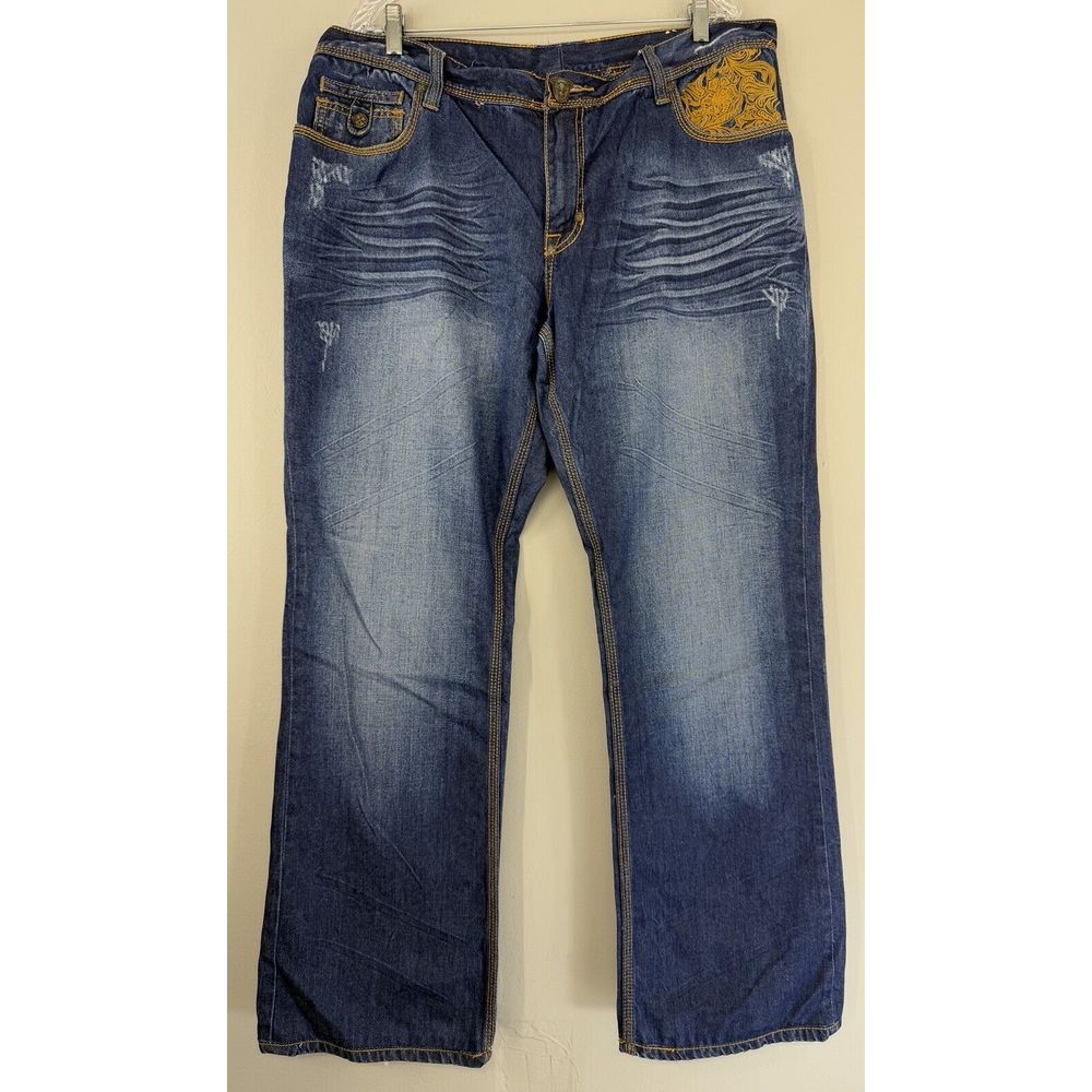 Blac Label Affliction Jeans Men's Actual 39x33 Whiskered Embroidered Blue Denim‎